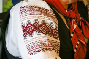 Traditional Ukrainian embroidery. Geneva, Switzerland. June 2023 © Marie Perrault/GSF